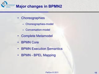 Major changes in BPMN2

• Choreographies
   – Choreographies-model

   – Conversation-model

• Complete Metamodel
• BPMN Core
• BPMN Execution Semantics
• BPMN - BPEL Mapping




                   PalGov © 2011   13
 