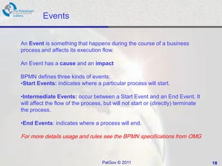 Events


An Event is something that happens during the course of a business
process and affects its execution flow.

An Event has a cause and an impact

BPMN defines three kinds of events:
•Start Events: indicates where a particular process will start.

•Intermediate Events: occur between a Start Event and an End Event. It
will affect the flow of the process, but will not start or (directly) terminate
the process.

•End Events: indicates where a process will end.

For more details usage and rules see the BPMN specifications from OMG



                                   PalGov © 2011                                  18
 
