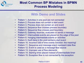 Most Common BP Mistakes in BPMN
             Process Modeling

                  With Demo and Slides
•   Pattern 1. Activities in one pool are not connected
•   Pattern 2. Process does not contain a start event
•   Pattern 3. Process does not contain an end event
•   Pattern 4. Sequence flow crosses process boundary
•   Pattern 5. Sequence flow crosses pool boundary
•   Pattern 6. Gateway receives, evaluates or sends a message
•   Pattern 7. Intermediate events are placed on the edge of the pool
•   Pattern 8. Hanging intermediate events or activities
•   Pattern 9. Each lane in the pool contains start event
•   Pattern 10. Incorrect use of time events Solution: the meaning!
•   Pattern 11. Sequence and message event represent data flow
•   Pattern 12. Event is used as a message flow source
•   Pattern 13. Improper use of flow elements
•   Pattern 14. Starting timer placed instead of intermediate timer
•   Pattern 15. Exception flow is not connected to the exception

                          PalGov © 2011                                 43
 
