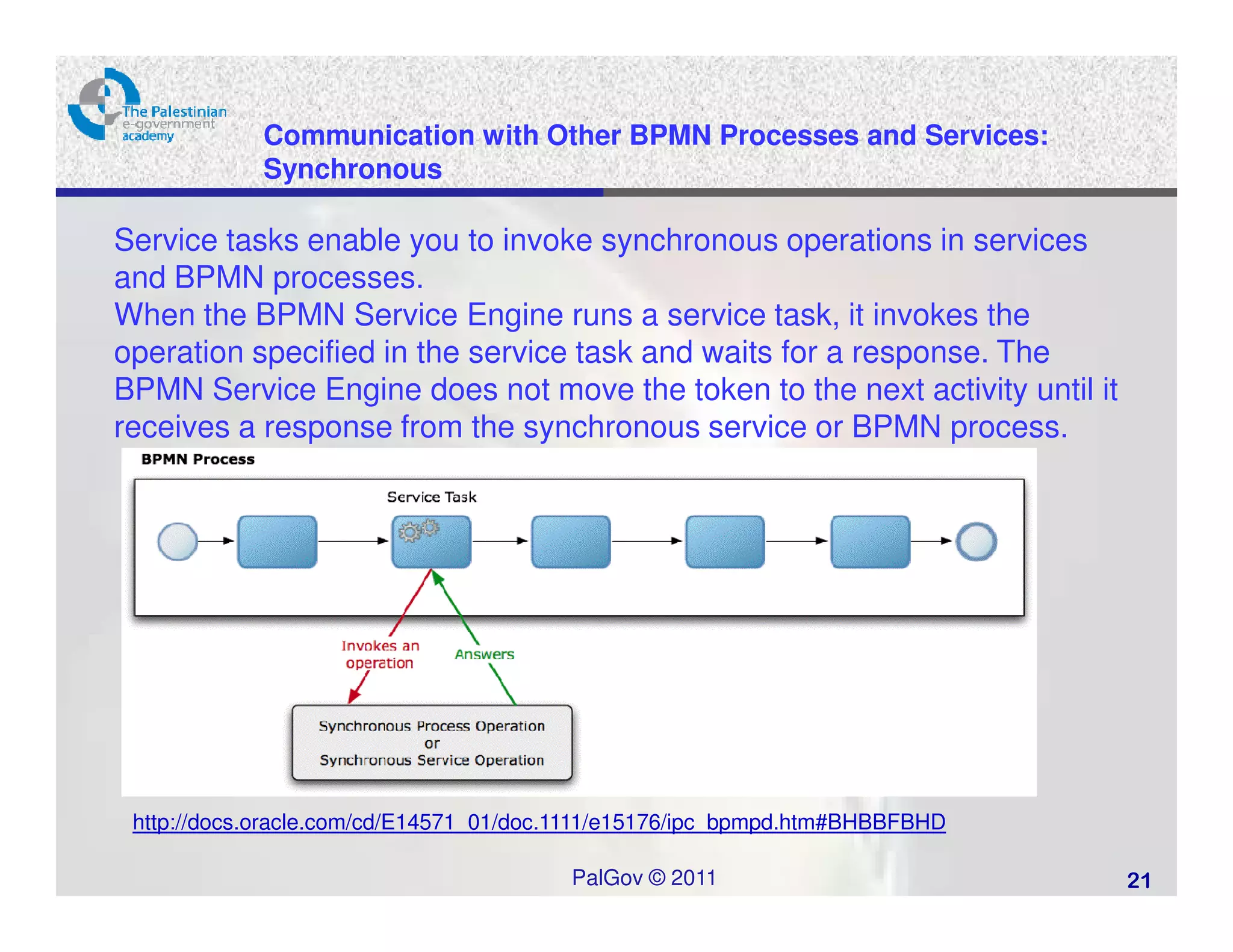 Communication with Other BPMN Processes and Services:
            Synchronous

Service tasks enable you to invoke synchronous operations in services
and BPMN processes.
When the BPMN Service Engine runs a service task, it invokes the
operation specified in the service task and waits for a response. The
BPMN Service Engine does not move the token to the next activity until it
receives a response from the synchronous service or BPMN process.




 http://docs.oracle.com/cd/E14571_01/doc.1111/e15176/ipc_bpmpd.htm#BHBBFBHD

                                        PalGov © 2011                         21
 