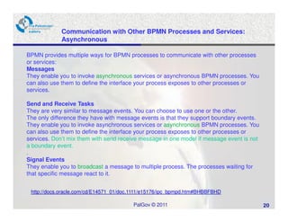 Communication with Other BPMN Processes and Services:
             Asynchronous

BPMN provides multiple ways for BPMN processes to communicate with other processes
or services:
Messages
They enable you to invoke asynchronous services or asynchronous BPMN processes. You
can also use them to define the interface your process exposes to other processes or
services.

Send and Receive Tasks
They are very similar to message events. You can choose to use one or the other.
The only difference they have with message events is that they support boundary events.
They enable you to invoke asynchronous services or asynchronous BPMN processes. You
can also use them to define the interface your process exposes to other processes or
services. Don’t mix them with send receive message in one model if message event is not
a boundary event.
.
Signal Events
They enable you to broadcast a message to multiple process. The processes waiting for
that specific message react to it.


 http://docs.oracle.com/cd/E14571_01/doc.1111/e15176/ipc_bpmpd.htm#BHBBFBHD

                                        PalGov © 2011                                     20
 