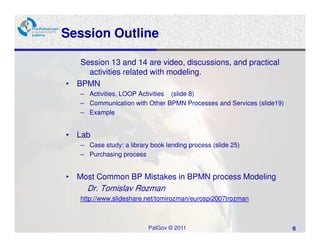 Session Outline

   Session 13 and 14 are video, discussions, and practical
     activities related with modeling.
• BPMN
   – Activities, LOOP Activities (slide 8)
   – Communication with Other BPMN Processes and Services (slide19)
   – Example


• Lab
   – Case study: a library book lending process (slide 25)
   – Purchasing process


• Most Common BP Mistakes in BPMN process Modeling
     Dr. Tomislav Rozman
   http://www.slideshare.net/tomirozman/eurospi2007trozman



                          PalGov © 2011                               6
 