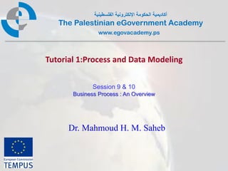 ‫أكاديمية الحكومة اإللكترونية الفلسطينية‬
   The Palestinian eGovernment Academy
                www.egovacademy.ps



Tutorial 1:Process and Data Modeling


              Session 9 & 10
       Business Process : An Overview




      Dr. Mahmoud H. M. Saheb



                   PalGov © 2011                        1
 