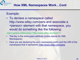 How XML Namespaces Work…Cont

Example:
• To declare a namespace called
  http://www.wiley.com/pers and associate a
  <person> element with that namespace, you
  would do something like the following:
<pers:person xmlns:pers=‖http://www.wiley.com/pers‖/>
• The key is the xmlns:pers attribute (xmlns stands for XML
  Namespace).
• Here you are declaring the pers namespace prefix and the URI of the
  namespace that it represents (http://www.wiley.com/pers




                             PalGov © 2011                          43
 