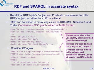 RDF and SPARQL in accurate syntax

• Recall that RDF triple’s Subject and Predicate must always be URIs.
  RDF’s object can either be a URI or a literal.
• RDF can be written in many ways such as RDF/XML, Notation 3, and
  Turtle. Consider our RDF graph written in Turtle format:
   @prefix ab: <http://example.com/ns/movies#>   .
   @prefix da: <http://example.com/ns/data#> .
   ...
                                                 Namespaces where the
   da:M1 ab:year “2007”.
                                                 vocabulary used is defined
   da:M1 ab:name “Sicko”.
                                                 (usually an ontology)
   da:M1 ab:directedBy da:D1.
   da:D1 ab:name “Michael Moore”. ...            Prefixes are used to make
                                                 the query more compact
• Consider Q2 again:
                                                 Consider the use of URIs
   PREFIX ab: <http://example.com/ns/movies#>    in the subject and
   PREFIX da: <http://example.com/ns/data#>      predicates, and the use of
   SELECT ?directorName                          strings in non-URI objects
   WHERE
   { da:M1 ab:directedBy ?director .
   ?director ab:name ?directorName }
                             PalGov © 2011                               13
 