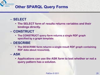 Other SPARQL Query Forms


– SELECT
  • The SELECT form of results returns variables and their
    bindings directly.
– CONSTRUCT
  • The CONSTRUCT query form returns a single RDF graph
    specified by a graph template.
– DESCRIBE
  • The DESCRIBE form returns a single result RDF graph containing
    RDF data about resources.
– ASK
  • Applications can use the ASK form to test whether or not a
    query pattern has a solution.



                          PalGov © 2011                              25
 