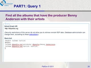 PART1: Query 1

Find all the albums that have the producer Benny
Anderson with their artists




                        PalGov © 2011              28
 