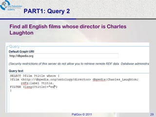 PART1: Query 2

Find all English films whose director is Charles
Laughton




                         PalGov © 2011             29
 