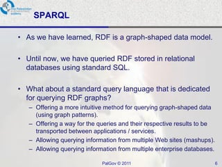SPARQL

• As we have learned, RDF is a graph-shaped data model.

• Until now, we have queried RDF stored in relational
  databases using standard SQL.

• What about a standard query language that is dedicated
  for querying RDF graphs?
   – Offering a more intuitive method for querying graph-shaped data
     (using graph patterns).
   – Offering a way for the queries and their respective results to be
     transported between applications / services.
   – Allowing querying information from multiple Web sites (mashups).
   – Allowing querying information from multiple enterprise databases.

                             PalGov © 2011                               6
 