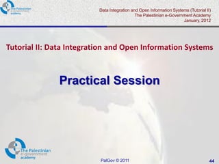 Data Integration and Open Information Systems (Tutorial II)
                                             The Palestinian e-Government Academy
                                                                     January, 2012




Tutorial II: Data Integration and Open Information Systems



              Practical Session




                          PalGov © 2011                                             44
 