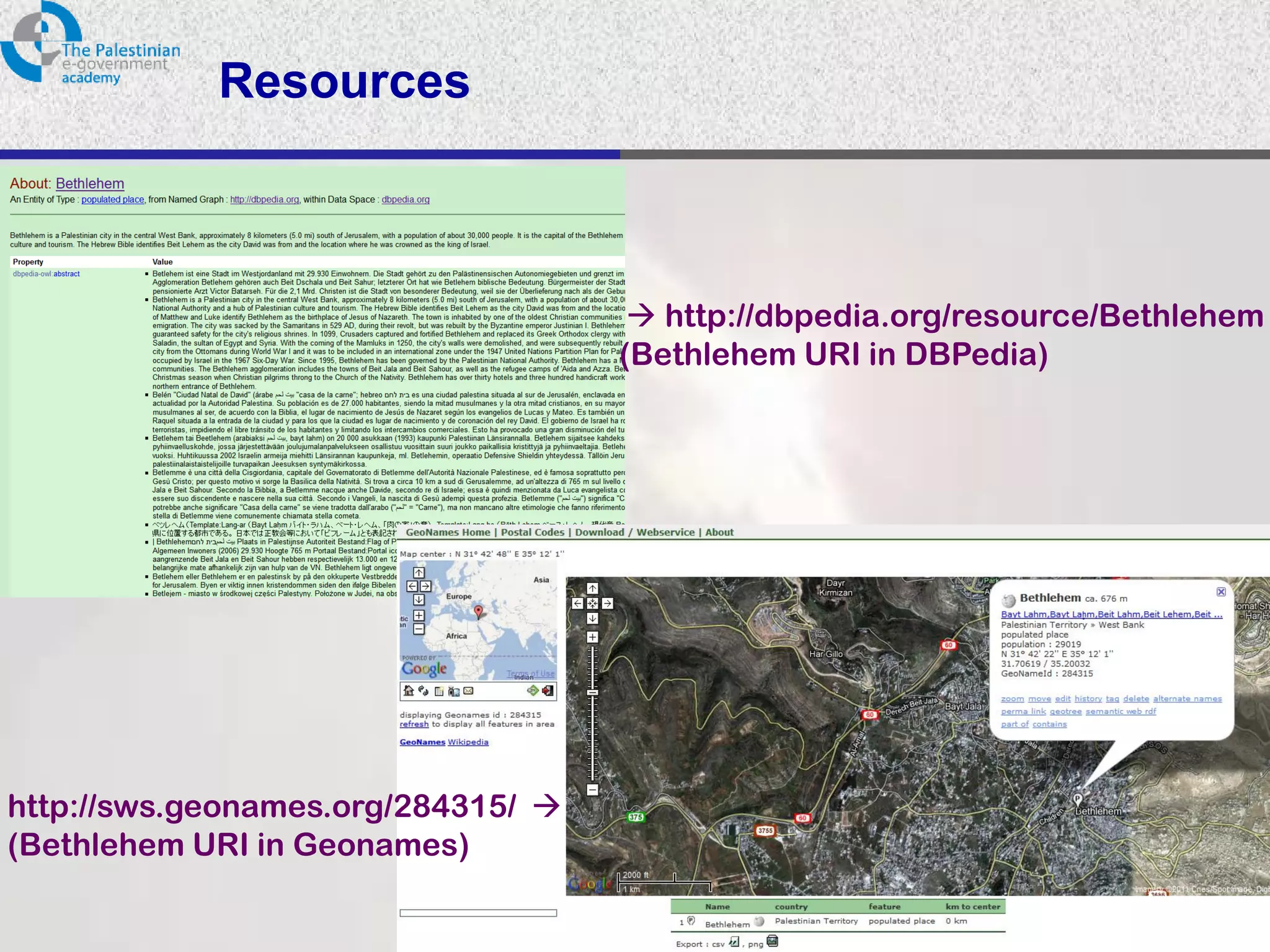 Resources



                                        http://dbpedia.org/resource/Bethlehem
                                      (Bethlehem URI in DBPedia)




http://sws.geonames.org/284315/ 
(Bethlehem URI in Geonames)

                                    PalGov © 2011                         19
 