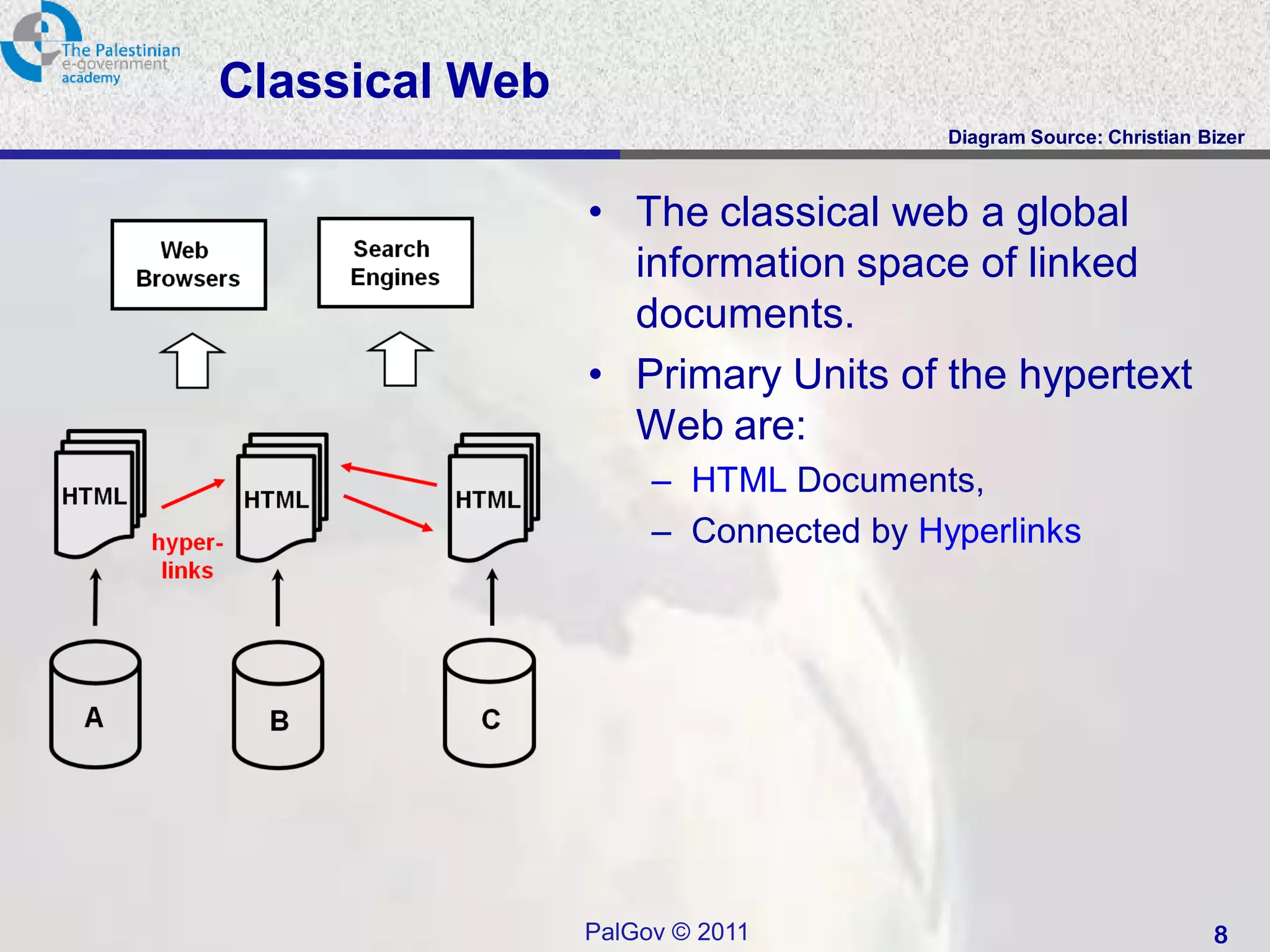 Classical Web
                                      Diagram Source: Christian Bizer



                • The classical web a global
                  information space of linked
                  documents.
                • Primary Units of the hypertext
                  Web are:
                     – HTML Documents,
                     – Connected by Hyperlinks




                PalGov © 2011                                    8
 