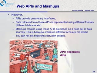 Web APIs and Mashups
                                                         Picture Source: Christian Bizer


•   However,
     – APIs provide proprietary interfaces,
     – Data retrieved from these APIs is represented using different formats
       (different data models).
     – Mashups created using these APIs are based on a fixed set of data
       sources. This is because entities in different APIs are not linked.
     – You can not set hyperlinks between entities.




                                                 APIs separates
                                                 data




                                 PalGov © 2011                                       11
 