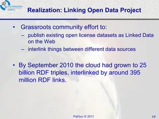 Realization: Linking Open Data Project

• Grassroots community effort to:
   – publish existing open license datasets as Linked Data
     on the Web
   – interlink things between different data sources


• By September 2010 the cloud had grown to 25
  billion RDF triples, interlinked by around 395
  million RDF links.




                        PalGov © 2011                    17
 
