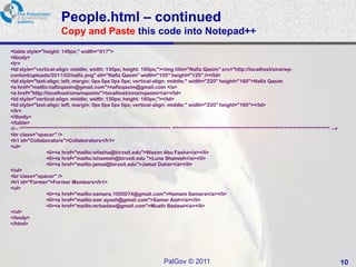 People.html – continued
                       Copy and Paste this code into Notepad++
<table style="height: 149px;" width="617">
<tbody>
<tr>
<td style="vertical-align: middle; width: 130px; height: 160px;"><img title="Nafiz Qasim" src="http://localhost/sina/wp-
content/uploads/2011/02/nafiz.png" alt="Nafiz Qasim" width="105" height="125" /></td>
<td style="text-align: left; margin: 0px 0px 0px 0px; vertical-align: middle;" width="220" height="160">Nafiz Qasim
<a href="mailto:nafizqasim@gmail.com">nafizqasim@gmail.com </a>
<a href="http://localhost/sina/nqasim/">localhost/sina/nqasim/</a></td>
<td style="vertical-align: middle; width: 130px; height: 160px;"></td>
<td style="text-align: left; margin: 0px 0px 0px 0px; vertical-align: middle;" width="220" height="160"></td>
</tr>
</tbody>
</table>
<!-- ********************************************************************** ************************************************************************* -->
<br class="spacer" />
<h1 id="Collaborators">Collaborators</h1>
<ul>
                 <li><a href="mailto:wfasha@birzeit.edu">Wasim Abu Fasha</a></li>
                 <li><a href="mailto:lshamieh@birzeit.edu ">Luna Shamieh</a></li>
                 <li><a href="mailto:jamal@birzeit.edu">Jamal Daher</a></li>
</ul>
<br class="spacer" />
<h1 id="Former">Former Members</h1>
<ul>
                 <li><a href="mailto:samara.1050074@gmail.com">Hamam Samara</a></li>
                 <li><a href="mailto:smr.ayesh@gmail.com">Samar Aish</a></li>
                 <li><a href="mailto:mrbadaw@gmail.com">Muath Badawi</a></li>
</ul>
</body>
</html>




                                                                       PalGov © 2011                                                                        10
 