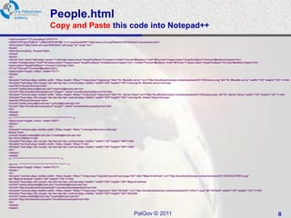 People.html
                                   Copy and Paste this code into Notepad++
<?xml version="1.0" encoding="UTF-8"?>
<!DOCTYPE html PUBLIC "-//W3C//DTD XHTML 1.0 Transitional//EN" "http://www.w3.org/TR/xhtml1/DTD/xhtml1-transitional.dtd">
<html xmlns="http://www.w3.org/1999/xhtml" xml:lang="en" lang="en">
<head>
<title>Sina Institute - People</title>
</head>
<body>
<div id="box" style="text-align: center;"><strong><span class="largeFontSpan">[ </span><a title="Current Members" href="#Current"><span class="largeFontSpan">Current Members</span></a> |
<a title="Collaborators" href="#Collaborators"><span class="largeFontSpan">Collaborators</span></a> | <a title="Former Members" href="#Former"><span class="largeFontSpan">Former Members</span></a>
<span class="largeFontSpan"> ]</span></strong></div>
<h1 id="Current">Current Members</h1>
<table style="height: 149px;" width="617">
<tbody>
<tr>
<td style="vertical-align: middle; width: 109px; height: 160px;"><img class="alignnone" title="Dr. Mustafa Jarrar" src="http://localhost/sina/wp-content/uploads/2011/02/Jarrar.png" alt="Dr. Mustafa Jarrar" width="105" height="125" /></td>
<td style="text-align: left; margin: 0px 0px 0px 0px; vertical-align: middle;" width="220" height="160"><strong>Dr. Mustafa Jarrar</strong>
<em>OnTo Group Director</em>
<a href="mailto:mjarrar@birzeit.edu">mjarrar@birzeit.edu </a>
<a href="http://localhost/sina/mjarrar/" target="_blank">localhost/sina/mjarrar/</a></td>
<td style="vertical-align: middle; width: 130px; height: 160px;"><img class="alignnone" title="Dr. Adnan Yahya" src="http://localhost/sina/wp-content/uploads/2011/02/yahya.png" alt="Dr. Adnan Yahya" width="105" height="125" /></td>
<td style="text-align: left; margin: 0px 0px 0px 0px; vertical-align: middle;" width="220" height="160"><strong>Dr. Adnan Yahya</strong>
<em>ALTIR Group Director</em>
<a href="mailto:yahya@birzeit.edu">yahya@birzeit.edu </a>
<a href="http://localhost/sina/ayahya/" target="_blank">localhost/sina/ayahya/</a></td>
</tr>
</tbody>
</table>
<!-- ******************************************************* -->
<table style="height: 147px;" width="603">
<tbody>
<tr>
<td style="vertical-align: middle; width: 220px; height: 160px;"><strong>Secretary</strong>:
Rawan Taha
<a href="mailto:rntaha@birzeit.edu">rntaha@birzeit.edu </a>
Tel: +972 2 2982917</td>
<td style="text-align: left; margin: 0px 0px 0px 0px; vertical-align: middle;" width="130" height="160"></td>
<td style="vertical-align: middle; width: 130px; height: 160px;"></td>
<td style="text-align: left; margin: 0px 0px 0px 0px; vertical-align: middle;" width="220" height="160"></td>
</tr>
</tbody>
</table>
<!-- ******************************************** -->

<hr /><!-- ******************************************** -->
<table style="height: 149px;" width="617">
<tbody>
<tr>
<td style="vertical-align: middle; width: 130px; height: 160px;"><img class="alignleft size-full wp-image-354" title="Majd Al-Ashhab" src="http://localhost/sina/wp-content/uploads/2011/02/DSC079601.png"
alt="Majd Al-Ashhab" width="105" height="125" /></td>
<td style="text-align: left; margin: 0px 0px 0px 0px; vertical-align: middle;" width="220" height="160">Majd Al-Ashhab
<a href="mailto:mashhab@birzeit.edu">mashhab@birzeit.edu </a>
<a href="http://localhost/sina/mashhab/">localhost/sina/mashhab/</a></td>
<td style="vertical-align: middle; width: 130px; height: 160px;"><img class="alignnone" title="Ali Salhi" src="http://localhost/sina/wp-content/uploads/2011/02/a11.png" alt="Ali Salhi" width="105" height="125" /></td>
<td style="text-align: left; margin: 0px 0px 0px 0px; vertical-align: middle;" width="220" height="160">Ali Salhi
<a href="mailto:asalhi@birzeit.edu">asalhi@birzeit.edu</a>
<a href="http://localhost/sina/asalhi/">localhost/sina/asalhi/</a></td>
</tr>
</tbody>
</table>

                                                                                                           PalGov © 2011                                                                                                            8
 