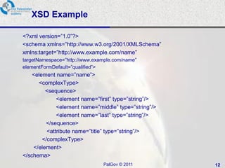 XSD Example

<?xml version=‖1.0‖?>
<schema xmlns=‖http://www.w3.org/2001/XMLSchema‖
xmlns:target=‖http://www.example.com/name‖
targetNamespace=‖http://www.example.com/name‖
elementFormDefault=‖qualified‖>
    <element name=‖name‖>
      <complexType>
         <sequence>
              <element name=‖first‖ type=‖string‖/>
              <element name=‖middle‖ type=‖string‖/>
              <element name=‖last‖ type=‖string‖/>
         </sequence>
          <attribute name=‖title‖ type=‖string‖/>
        </complexType>
    </element>
</schema>
                               PalGov © 2011           12
 