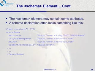 The <schema> Element….Cont


 The <schema> element may contain some attributes.
 A schema declaration often looks something like this:
<?xml version="1.0"?>
<xs:schema
  xmlns:xs=             “http://www.w3.org/2001/XMLSchema”
  targetNamespace=      “http://www.w3schools.com”
  xmlns=                “http://www.w3schools.com”
  elementFormDefault=   "qualified">
 ...
 ...
 </xs:schema>




                            PalGov © 2011                    14
 
