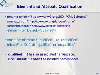 Element and Attribute Qualification

<schema xmlns=‖http://www.w3.org/2001/XMLSchema‖
 xmlns:target=‖http://www.example.com/name‖
  targetNamespace=‖http://www.example.com/name‖
  elementFormDefault=‖qualified‖>

elementFromDefault = ―qualified‖ or ―unqualified‖
attributeFromDefault ― qualified‖ or ―unqualified‖

• qualified: if it has an associated namespace.
• unqualified: if it hasn’t associated namespaces



                             PalGov © 2011           18
 
