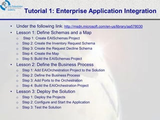 Tutorial 1: Enterprise Application Integration

•   Under the following link: http://msdn.microsoft.com/en-us/library/aa578030
•   Lesson 1: Define Schemas and a Map
    o   Step 1: Create EAISchemas Project
    o   Step 2: Create the Inventory Request Schema
    o   Step 3: Create the Request Decline Schema
    o   Step 4: Create the Map
    o   Step 5: Build the EAISchemas Project
•   Lesson 2: Define the Business Process
    o   Step 1: Add EAIOrchestration Project to the Solution
    o   Step 2: Define the Business Process
    o   Step 3: Add Ports to the Orchestration
    o   Step 4: Build the EAIOrchestration Project
•   Lesson 3: Deploy the Solution
    o   Step 1: Deploy the Projects
    o   Step 2: Configure and Start the Application
    o   Step 3: Test the Solution
 