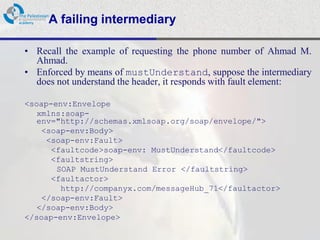 A failing intermediary

• Recall the example of requesting the phone number of Ahmad M.
  Ahmad.
• Enforced by means of mustUnderstand, suppose the intermediary
  does not understand the header, it responds with fault element:

<soap-env:Envelope
   xmlns:soap-
   env="http://schemas.xmlsoap.org/soap/envelope/">
    <soap-env:Body>
     <soap-env:Fault>
      <faultcode>soap-env: MustUnderstand</faultcode>
      <faultstring>
       SOAP MustUnderstand Error </faultstring>
      <faultactor>
        http://companyx.com/messageHub_71</faultactor>
    </soap-env:Fault>
   </soap-env:Body>
</soap-env:Envelope>
 