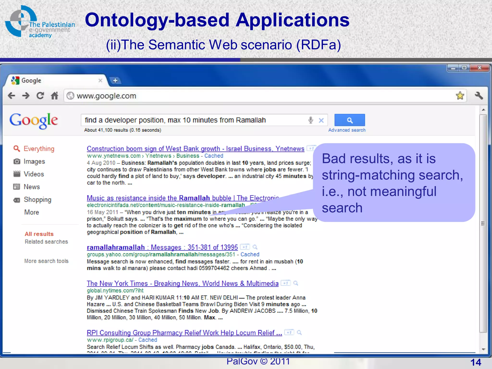 Ontology-based Applications
       (ii)The Semantic Web scenario (RDFa)




                                              Bad results, as it is
                                              string-matching search,
                                              i.e., not meaningful
                                              search


find a developer position, max 10 minutes from Ramallah




                             PalGov © 2011                              14
 