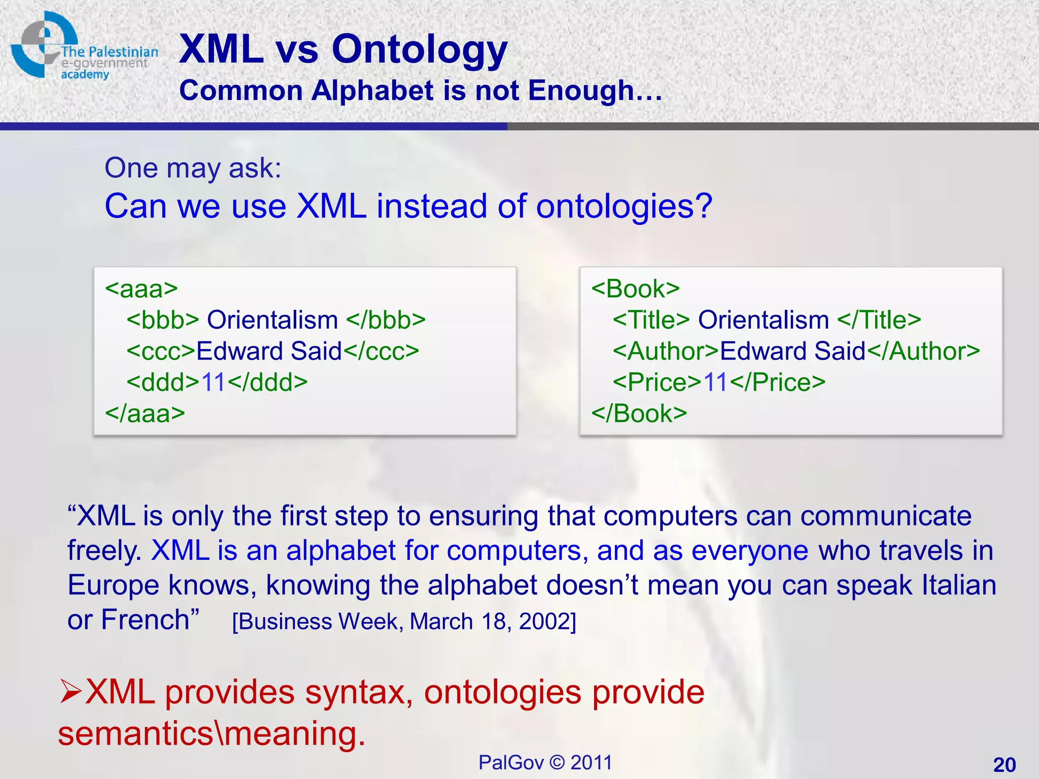 XML vs Ontology
        Common Alphabet is not Enough…

  One may ask:
  Can we use XML instead of ontologies?

  <aaa>                                  <Book>
    <bbb> Orientalism </bbb>               <Title> Orientalism </Title>
    <ccc>Edward Said</ccc>                 <Author>Edward Said</Author>
    <ddd>11</ddd>                          <Price>11</Price>
  </aaa>                                 </Book>


“XML is only the first step to ensuring that computers can communicate
freely. XML is an alphabet for computers, and as everyone who travels in
Europe knows, knowing the alphabet doesn’t mean you can speak Italian
or French” [Business Week, March 18, 2002]

XML provides syntax, ontologies provide
semanticsmeaning.
                               PalGov © 2011                              20
 