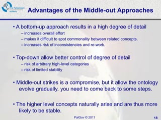 Advantages of the Middle-out Approaches

• A bottom-up approach results in a high degree of detail
   – increases overall effort
   – makes it difficult to spot commonality between related concepts.
   – increases risk of inconsistencies and re-work.


• Top-down allow better control of degree of detail
   – risk of arbitrary high-level categories
   – risk of limited stability


• Middle-out strikes is a compromise, but it allow the ontology
   evolve gradually, you need to come back to some steps.

• The higher level concepts naturally arise and are thus more
   likely to be stable.
                                   PalGov © 2011                        18
 