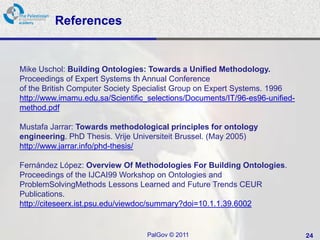 References


Mike Uschol: Building Ontologies: Towards a Unified Methodology.
Proceedings of Expert Systems th Annual Conference
of the British Computer Society Specialist Group on Expert Systems. 1996
http://www.imamu.edu.sa/Scientific_selections/Documents/IT/96-es96-unified-
method.pdf

Mustafa Jarrar: Towards methodological principles for ontology
engineering. PhD Thesis. Vrije Universiteit Brussel. (May 2005)
http://www.jarrar.info/phd-thesis/

Fernández López: Overview Of Methodologies For Building Ontologies.
Proceedings of the IJCAI99 Workshop on Ontologies and
ProblemSolvingMethods Lessons Learned and Future Trends CEUR
Publications.
http://citeseerx.ist.psu.edu/viewdoc/summary?doi=10.1.1.39.6002


                                  PalGov © 2011                               24
 