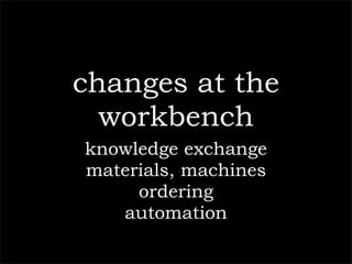 changes at the
  workbench
knowledge exchange
materials, machines
     ordering
   automation
 