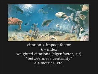 citation / impact factor
              h - index
weighted citations (eigenfactor, sjr)
     “betweenness centrality”
          alt-metrics, etc.
 