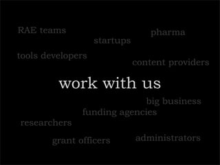 RAE teams                         pharma
                   startups
tools developers
                              content providers

         work with us
                            big business
               funding agencies
researchers
        grant officers        administrators
 