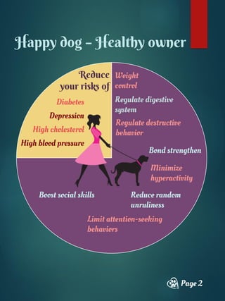 Happy dog – Healthy owner
Weight
control
Regulate digestive
system
Regulate destructive
behavior
Bond strengthen
Minimize
hyperactivity
Reduce random
unruliness
Limit attention-seeking
behaviors
Boost social skills
Reduce
your risks of
Diabetes
Depression
High cholesterol
High blood pressure
Page 2
 