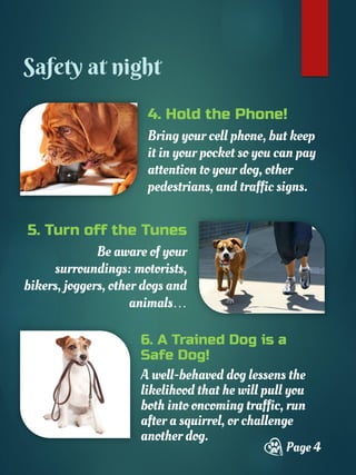 4. Hold the Phone!
Bring your cell phone, but keep
it in your pocket so you can pay
attention to your dog, other
pedestrians, and traffic signs.
Page 4
Safety at night
5. Turn off the Tunes
Be aware of your
surroundings: motorists,
bikers, joggers, other dogs and
animals…
6. A Trained Dog is a
Safe Dog!
A well-behaved dog lessens the
likelihood that he will pull you
both into oncoming traffic, run
after a squirrel, or challenge
another dog.
 