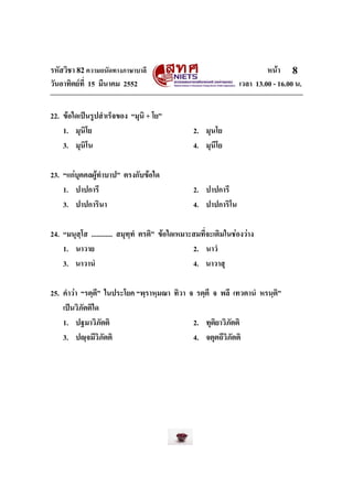 รหัสวิชา 82ความถนัดทางภาษาบาลี หนา
วันอาทิตยที่ 15 มีนาคม 2552 เวลา 13.00 - 16.00 น.
8
22. ขอใดเปนรูปสําเร็จของ “มุนิ + โย”
1. มุนิโย 2. มุนโย
3. มุนิโน 4. มุนีโย
23. “แกบุคคลผูทําบาป” ตรงกับขอใด
1. ปาปการี 2. ปาปการึ
3. ปาปการินา 4. ปาปการิโน
24. “มนุสฺโส ............ สมุทฺทํ ตรติ” ขอใดเหมาะสมที่จะเติมในชองวาง
1. นาวาย 2. นาวํ
3. นาวานํ 4. นาวาสุ
25. คําวา “รตฺตึ” ในประโยค “พฺราหฺมณา ทิวา จ รตฺตึ จ พลึ เทวตานํ หรนฺติ”
เปนวิภัตติใด
1. ปฐมาวิภัตติ 2. ทุติยาวิภัตติ
3. ปฺจมีวิภัตติ 4. จตุตถีวิภัตติ
 