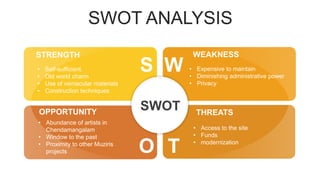 SWOT ANALYSIS
O
• Abundance of artists in
Chendamangalam
• Window to the past
• Proximity to other Muziris
projects
STRENGTH
S
SWOT
W
T
• Self-sufficient.
• Old world charm
• Use of vernacular materials
• Construction techniques
• Expensive to maintain
• Diminishing administrative power
• Privacy
• Access to the site
• Funds
• modernization
WEAKNESS
OPPORTUNITY THREATS
 