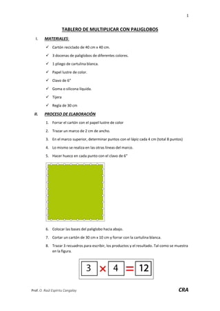 1
Prof. O. Raúl Espíritu Cangalay CRA
TABLERO DE MULTIPLICAR CON PALIGLOBOS
I. MATERIALES:
 Cartón reciclado de 40 cm x 40 cm.
 3 docenas de paliglobos de diferentes colores.
 1 pliego de cartulina blanca.
 Papel lustre de color.
 Clavo de 6”
 Goma o silicona líquida.
 Tijera
 Regla de 30 cm
II. PROCESO DE ELABORACIÓN
1. Forrar el cartón con el papel lustre de color
2. Trazar un marco de 2 cm de ancho.
3. En el marco superior, determinar puntos con el lápiz cada 4 cm (total 8 puntos)
4. Lo mismo se realiza en las otras líneas del marco.
5. Hacer hueco en cada punto con el clavo de 6”
6. Colocar las bases del paliglobo hacia abajo.
7. Cortar un cartón de 30 cm x 10 cm y forrar con la cartulina blanca.
8. Trazar 3 recuadros para escribir, los productos y el resultado. Tal como se muestra
en la figura.
 