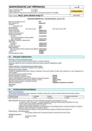 BEZPEČNOSTNÍ LIST PŘÍPRAVKU                                                                                          strana 4

Datum vyhotovení v ČR:               01.12.2010
Datum revize v ČR:                   01.12.2010
Datum posledního přepracování zahraničního listu (u dovážených přípravků): 05.03.2008

Název výrobku: Akryl.     plnič středně šedý 5:1                                                                   873.ST51

                                 ODPOVÍDÁ NAŘÍZENÍ (ES) č. 1907/2006 (REACH), příloha II. ČR

Bod (rozmezí teplot) varu (° C):                     35°C
Bod vzplanutí (° C):                                 nestanoven
Hořlavost:
         - Bod hoření (°C):                           21°C
Samozápalnost:                                        400°C
Meze výbušnosti:                 horní mez (% obj.):  2%                      dolní mez (% obj.): 11%
Oxidační vlastnosti:                                  nestanoveny
Tenze par (při 20° C):                                nestanovena
Relativní hustota (při 20°C):                         nestanovena
Rozpustnost (při 20° C):
   - ve vodě:                                         nerozpustný
   - tucích včetně specifikace oleje použitého
      jako rozpouštědlo:                              nestanovena
Rozdělovací koeficient n-oktanol/voda:                nestanoven
Další údaje:
 - Hustota par:                                       nestanovena
 - Viskozita:                                         nestanovena
Rychlost odpařování:                                  nestanovena
Další informace:
 - Maximální experimentální bezpečná spára (MESG): nestanovena
 - Index lomu:                                        nestanoven
Sušina                                                72,090%
Hmotnost těkavého uhlíku                              18,480%


10.    STÁLOST A REAKTIVITA
Podmínky, za nichž je přípravek stabilní:
Za normálního způsobu použití je přípravek stabilní, k rozkladu nedochází.
Podmínky, kterých je nutno se vyvarovat nebo které mohou způsobit nebezpečnou reakci:
Odpadá.
Látky a materiály, s nimiž přípravek nesmí přijít do styku:
Vyhněte se kontaktu s hořlavinami. Výrobek by mohl vzplanout.
Nebezpečné produkty rozkladu:
(Uvedou se nebezpečné látky, které vznikají při rozkladných nebo jiných reakcích výrobku např. polymerace, a jsou nebezpečné pro
zdraví člověka).
Za normálního způsobu použití nevznikají.
Potřeba stabilizátoru v přípravku:                                          odpadá
Možnosti nebezpečné exotermní reakce:                                       odpadá
Význam změny fyzikálních vlastností pro stabilitu a bezpečnost přípravku:   odpadá
Nebezpečné rozkladné produkty při styku přípravku s vodou:                  nejsou známy
Možnosti rozkladu přípravku na nestabilní produkty:                         odpadá
Nebezpečí polymerace:                                                       nebezpečná polymerace neprobíhá
Další údaje:
Odpadá.


11.    TOXIKOLOGICKÉ INFORMACE
Akutní toxicita přípravku:
Při posuzování toxikologických účinků manipulace s výrobkem je třeba brát v potaz koncentraci každé jednotlivé složky produktu.
Akutní toxicita komponent přípravku:
Chemický název                              Výsledek                 Dávka                           Testovací živočichové
BUTYL-ACETÁT                                TCLo                     200 ppm                         člověk

BUTYL-ACETÁT: Při vdechnutí: 3300 ppm (16 mg/l), krátkodobě, způsobuje vážné podráždění očí a nosu
               Při vdechnutí: 200 – 300 ppm (1 - 1,4 mg/l), krátkodobě, způsobuje středně závažné podráždění očí a nosu.
              Inhalace výparů může způsobit podráždění dýchacích cest
              Výpary mohou způsobit bolesti hlavy a nevolnost.
              Kapalina může způsobit podráždění očí a zánět spojivek, může dráždit pokožku a způsobit dermatitidu. Při polknutí
             způsobuje opilost, halucinace a má sedativní účinky.
              Příznaky se objevují při 500 ppm. Vážné toxické účinky se objevují při 2000 ppm po dobu 60 min.
Subchronická - chronická toxicita:
                           Pro přípravek nestanovena. Komponenty přípravku nezpůsobují chronickou otravu.
Dráždivost přípravku:
pro kůži:                    Odmašťuje a dráždí.
pro oči:                     Dráždí.
 