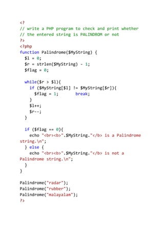 Palindrome Programme in PHP for BCA students | PDF