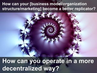 How can your [business model/organization structure/marketing] become a better replicator?<br />How can you operate in a m...