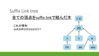 Suffix Link tree
全ての頂点をsuffix linkで結んだ木
◦ これが便利
◦ 公式の呼び方はなさそう？
(-1)
(0)
r t e
ee erertr
 