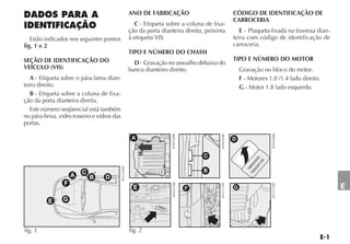 ANO DE FABRICAÇÃO                                 CÓDIGO DE IDENTIFICAÇÃO DE
                                                                                                           CARROCERIA
                                                           C - Etiqueta sobre a coluna de fixa-
                                                         ção da porta dianteira direita, próxima              E - Plaqueta fixada na travessa dian-
   Estão indicados nos seguintes pontos                  à etiqueta VIS.                                   teira com código de identificação de
fig. 1 e 2                                                                                                 carroceria.
                                                         TIPO E NÚMERO DO CHASSI
SEÇÃO DE IDENTIFICAÇÃO DO                                                                                  TIPO E NÚMERO DO MOTOR
                                                           D - Gravação no assoalho debaixo do
VEÍCULO (VIS)                                            banco dianteiro direito.                              Gravação no bloco do motor.
   A - Etiqueta sobre o pára-lama dian-                                                                        F - Motores 1.0 /1.4 lado direito.
teiro direito.                                                                                                 G - Motor 1.8 lado esquerdo.
   B - Etiqueta sobre a coluna de fixa-
ção da porta dianteira direita.
   Este número seqüencial está também
no pára-brisa, vidro traseiro e vidros das
portas.




                                                                                                                               4EN0268BR
                                                                          4EN0264BR




                                                                                               4EN0265BR
                                                          A                                                D


                                                                                           C




                                                                                                                        01 0
                                                                                                                      00 00
                                                                                                                          00
                                                                                                                    00 00
                                                                                                                  *9 B0
                                             4EN1381BR




                                                                                                                     *9
                         C                                                                 B
                     A       B     D
                 F
                                                                           4EN1032BR




                                                                                               4EN1371BR




                                                                                                                               4EN1372BR
                                                          E                            F                   G                                          E
          E      G




fig. 1                                                   fig. 2
 