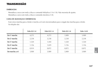 EMBREAGEM
 Monodisco a seco com mola a disco e comando hidráulico (1.4 e 1.8). Não necessita de ajustes.
 Monodisco a seco com mola a disco e comando mecânico (1.0).

CAIXA DE MUDANÇAS E DIFERENCIAL
 Com cinco marchas para a frente e marcha a ré com sincronizadores para o engate das marchas para a frente.
 As relações são:


                           Palio ELX 1.0           Palio ELX 1.4           Palio ELX 1.8            Palio 1.8 R

Em 1a marcha                  4,273                   4,273                   3,909                   3,909
    a
Em 2 marcha                   2,238                   2,238                   2,238                   2,238
    a
Em 3 marcha                   1,520                   1,444                   1,520                   1,520
Em 4a marcha                  1,156                   1,029                   1,156                   1,156
Em 5a marcha                  0,919                   0,872                   0,872                   0,872
Em marcha a ré                3,909                   3,909                   3,909                   3,909       E
 