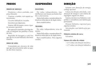 Volante com absorção de energia
FREIOS DE SERVIÇO                           DIANTEIRA                                  (airbag) opcional.
   Dianteiros: a disco ventilado, com         De rodas independentes, tipo                Coluna da direção articulada, com
pinça flutuante.                            McPherson com braços oscilantes fixa-      absorção de energia e com sistema de
   Traseiros: a tambor, com sapatas au-     dos a uma travessa.                        regulagem angular em altura.
tocentrantes.                                 Molas helicoidais e amortecedores hi-       Sistema mecânico ou hidráulico com
   Circuitos hidráulicos cruzados.          dráulicos telescópicos de duplo efeito.    pinhão e cremalheira com lubrificação
                                              Barra estabilizadora.                    permanente.
   Servofreio por depressão.
                                                                                          Direção hidráulica (opcional para
   Sistema ABS de quatro canais e qua-                                                 algumas versões).
tro sensores (opcional).                    TRASEIRA
                                                                                          Articulações com lubrificação per-
   Recuperação automática da folga de-         De rodas independentes (eixo de         manente.
vido ao desgaste das pastilhas e lonas      torção).
de freio.                                      Molas helicoidais e amortecedores hi-   Diâmetro mínimo de curva
   Regulador de frenagem a corte fixo       dráulicos telescópicos de duplo efeito.
                                                                                         9,8 metros
que age no circuito hidráulico dos freios      Barra estabilizadora. (Para algumas
traseiros.                                  versões).                                  Número de voltas do volante
FREIO DE MÃO                                                                            - 4,13 voltas com direção mecânica
                                                                                        - 2,77 voltas com direção hidráulica
   Comandado por alavanca de mão
que age mecanicamente sobre as sapa-
tas dos freios traseiros.                                                                                                      E
 