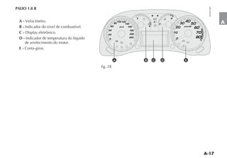 PALIO 1.8 R
                                                                                     E   E
                                                                         F               3           H
 A - Velocímetro.                                      100 120                           1
                                                                                                            30
                                                                                                               40         A
                                                    80        140                E           C                     50
                                                 60
 B - Indicador do nível de combustível.                  km/h   160                                       20 rpmx100 60
                                               40                  180
 C-                                            20                  200
                                                                                                         10          70
 D - Indicador de temperatura do líquido        0
                                                                   220
                                                                                                          0          80
                                                         ABS

     de arrefecimento do motor.                                !


 E - Conta-giros.

                                                     A                       B       C           D             E

                                           fig. 28
 