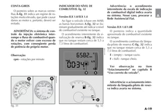 CONTA-GIROS                              INDICADOR DO NÍVEL DE                             Advertência: o acendimento
                                         COMBUSTÍVEL fig. 32                             intermitente da escala de indicação
  O ponteiro sobre as marcas verme-                                                      de combustível digital indica avaria
lhas A-fig. 31 indica um regime de ro-                                                   no sistema. Nesse caso, procurar a
tações muito elevado, que pode causar    Versões ELX 1.0/ELX 1.4                                                                 A
                                                                                         Rede Assistencial Fiat.
danos ao motor e, portanto, deverá ser
evitado.                                 as barras horizontais A-fig. 32 se ilu-
                                         minam gradualmente até indicar o nível          Versões ELX 1.8/1.8R
  ADVERTÊNCIA: o sistema de con-         de combustível existente no tanque.               O ponteiro indica a quantidade
trole da injeção eletrônica inter-         O acendimento intermitente da si-             aproximada de combustível existente
rompe o fluxo de combustível quan-       nalização de reserva B-fig. 32 indica           no tanque.
do o motor estiver com excesso de        que no tanque restam cerca de 5,5 a                                                 -
rotações, com conseqüente perda          7,5 litros de combustível.                      da-piloto de reserva C-fig. 32 indica
de potência do próprio motor.                                                            que no tanque restam cerca de 5,5 a
                                                                                         7,5 litros de combustível.
                                                                           F
Observação:                                                                                E-
                                                                      km
 rpm - rotações por minuto                                                                 F-
                                              TRIP
                                                                       1 2

                                                                                           Ver    observação     no item
                                                              h            E             “Estacionamento” no capítulo B
                                                                  B            A         “Uso correto do veículo”.

              A                   A
                                                                                           Advertência: o acionamento inter-
                                                                                         mitente da lâmpada-piloto de reser-
                                                     F                                   va indica avaria no sistema.


                                                                       E
                                                                                   C

fig. 31                                                                        fig. 32
 