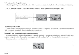 6 - Trip computer - Tempo de viagem



  Obs.: o tempo de viagem é calculado somente quando o motor permanece ligado (rpm > 500)



                                                                                                 F                   F




                                                                                                                         FLP0066
                    Quando o tempo atingir 99:59 h, ocorre um                               km                  km
                    reset de todos os dados do TRIP, exceto auto-          TRIP
                                                                                             1 2     TRIP
                                                                                                                 1 2


                                                                                       h         E          h        E




Zeramento (Reset) do TRIP
  Quando o botão mode/trip é pressionado por um tempo superior a 2 segundos, será efetuado o zeramento dos dados do


Sistema FPS (Fire Prevention System) – Interruptor inercial
                                                                                                                             -
mações na página no ítem “Interruptor inercial para corte de combustível”, em “Comandos”, neste capítulo.
 O display, conforme a versão, exibirá:


                                                                                       F




                                                                                                                         FLP0067
                                                                    TRIP
                                                                                      1 2


                                                                                  h    E
 