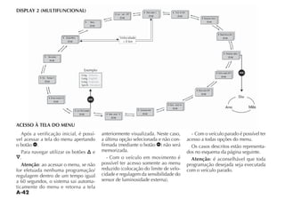 DISPLAY 2 (MULTIFUNCIONAL)                                                                                      ^ Auto lamp. 1        ^ Trip B Off
                                                                                      ^ Lim . vel . Off
                                                                                                                      15:40                   15:40
                                                                                           15:40                                                                ^ Ajustar hora
                                                             ^     Menu                                                                                                15:40
                                                                   15:40


                                                                                                                                                                                  ^ Modo hora 24h
                                    ^ Saída Menu                                           Velocidade                                                                                  15:40
                                        15:40                                                > 0 km


                                                                                                                                                                                        ^ Ajustar data
                ^   Revisões                                                                                                                                                                   15:40
                        15:40




                                                                                                                                                                                 ^ Info radio Off

           ^ Vol . Teclas 4                                                                                                                                                           15:40
                15:40


                                                                                                                                                          ^ Auto lock Off
                                                                                                                                                               15:40
                     ^ Aviso sonoro 4
                            15:40
                                                                                                                                 ^ Dist. unid km
                                                                                                                                      15:40
                                                ^ Lín. Português                                          ^ Consumo mpg
                                                     15:40                   ^ Temp. unid. C                  15:40
                                                                                 15:40


ACESSO À TELA DO MENU
   Após a verificação inicial, é possí-                                    anteriormente visualizada. Neste caso,                                       - Com o veículo parado é possível ter
vel acessar a tela do menu apertando                                       a última opção selecionada e não con-                                      acesso a todas opções do menu.
o botão .                                                                                                                                               Os casos descritos estão representa-
   Para navegar utilizar os botões e                                       memorizada.                                                                dos no esquema da página seguinte.
  .                                                                          - Com o veículo em movimento é                                             Atenção: é aconselhável que toda
   Atenção: ao acessar o menu, se não                                      possível ter acesso somente ao menu                                        programação desejada seja executada
for efetuada nenhuma programação/                                                                               -                                     com o veículo parado.
regulagem dentro de um tempo igual                                         cidade e regulagem da sensibilidade do
a 60 segundos, o sistema sai automa-
ticamente do menu e retorna a tela
 