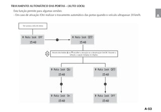 TRAVAMENTO AUTOMÁTICO DAS PORTAS - (AUTO LOCK)
 Esta função permite para algumas versões:
                                                                                                           A

        Ver acesso a tela do menu




        ^ Auto lock Off                                      ^ Auto lock Off
                                        a
                15:40                                                 15:40


                                    Através dos botões   ou
                                                          seleção, a opção lampeja no display.




                                    ^ Auto lock On                                       ^ Auto lock Off
                                            15:40                                                15:40


                                              a                                                   a


                                    ^ Auto lock On                                       ^ Auto lock Off
                                            15:40                                                15:40
 