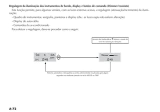 Regulagem da iluminação dos instrumentos de bordo, display e botões de comando (Dimmer/reostato)
                                                                                                                                         -
nação:



  - Comandos do ar-condicionado
  Para efetuar a regulagem, deve-se proceder como a seguir:


                                                                                             Através dos botões ou efetuar o ajuste do
                                                                                                     nível de iluminação desejado.




                      Qui     6       Out                                                                Dimmer ççççåååå
                                     36km
                     25 ºC   15:40                                                                              15:40



                                  Retorno automático à tela padrão ou à tela anteriormente visualizada após alguns
 
